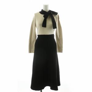 23AW ボウタイニットフレアーワンピース ロング 長袖 ロング S ブラック ベージュ 121-3240010