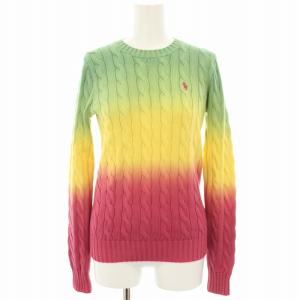 ニット セーター クルーネック 長袖 ケーブル編み グラデーション ポニー刺繍 XS 黄緑 イエローグリーン