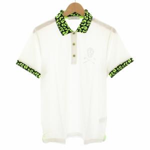 ゴルフウェア ポロシャツ 半袖 スカル ラインストーン ヒョウ柄 レオパード柄 L 白 ホワイト 黄緑