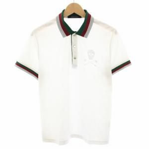 ゴルフウェア ポロシャツ 半袖 総柄 スカル ラインストーン L 白 ホワイト 緑 グリーン ML-15S-P36B