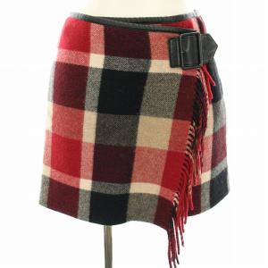 16AW ウール混チェックラップスカート 巻きスカート 台形スカート ミニ 36 赤 レッド 黒 ブラック