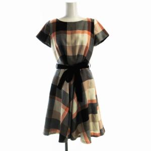 フレアワンピース ひざ丈 チェック ベロア ベルト付き 半袖 34 紺 ネイビー オレンジ 55J24-805-80