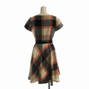BLUE LABEL CRESTBRIDGE フレアワンピース ひざ丈 チェック ベロア ベルト付き 半袖 34 紺 ネイビー オレンジ 55J24-805-80