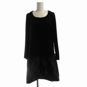 ワンピース ひざ丈 チェック ベロア ベルベット 切替 長袖 3 紺 ネイビー A2281UBY042