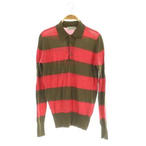 ニット ポロシャツ 長袖 ボーダー ウール イギリス製 S カーキ レッド /MY OS