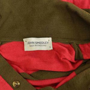 JOHN SMEDLEY ニット ポロシャツ 長袖 ボーダー ウール イギリス製 S カーキ レッド /MY OS