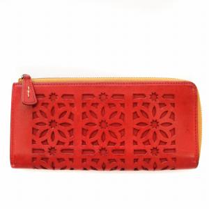 長財布 レザー カットワーク 花柄 ラウンドファスナー 赤 レッド /G