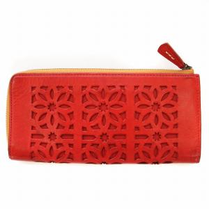 genten 長財布 レザー カットワーク 花柄 ラウンドファスナー 赤 レッド /G