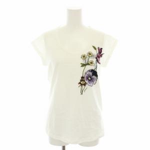 Tシャツ カットソー Uネック 半袖 フレンチスリーブ 花モチーフ 刺繍 XS 白 ホワイト /YT