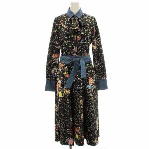 シャツワンピース ロング 花柄 クレリック リボンベルト S 黒 ブラック /G