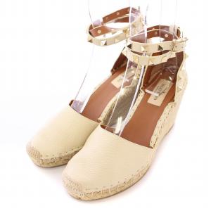 ストラップサンダル アンクル ラウンドトゥ ウェッジソール エスパドリーユ レザー 切替 スタッズ 装飾