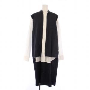 シャツワンピース ミモレ ロング 長袖 スタンドカラー レイヤード 38 紺 ネイビー 白 ホワイト タグ付き