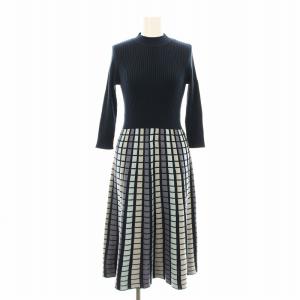 2136229 ニットワンピース フレア ミモレ ロング 七分袖 総柄 切替 ウール混 38 紺 ネイビー