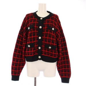 アンサンブルニット カーディガン 長袖 クルーネック キャミソール ショート丈 ウール混 チェック柄 36