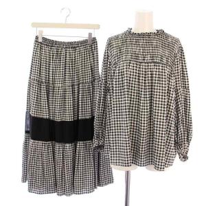 21SS セットアップ 上下 ブラウス シャツ 長袖 サテンティアードスカート ロング チェック柄 36