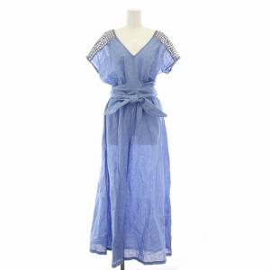 オールインワン サロペット 半袖 カットワークレース リボン 麻 リネン混 サックスブルー 18035-18
