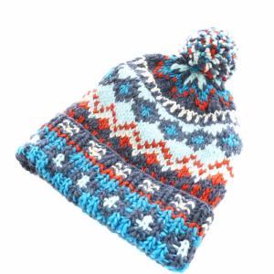 CHAMULA ダブルカフのニット帽 フェアアイル ニットキャップ 帽子 総柄 ポンポン 水色 ライトブルー