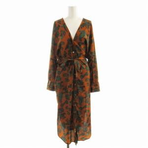 シャツワンピース ひざ丈 長袖 総柄 オレンジ A0188FA229 /EE