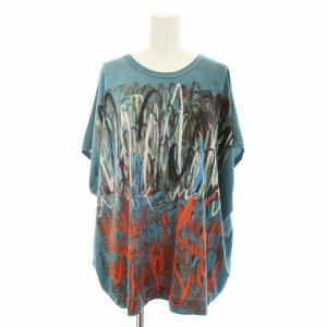 ヒロココシノ HIROKO KOSHINO Tシャツ カットソー 半袖 ペイント風 38 ターコイズ RSKIF-65270