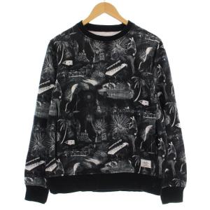 スウェット トレーナー 総柄 長袖 サイドポケット付 M 黒 ブラック /G