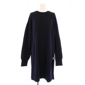ニットワンピース ひざ丈 長袖 クルーネック ストレッチ 無地 ウール混 38 紺 ネイビー /BB