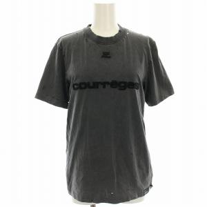カットソー Tシャツ 半袖 ダメージ加工 ロゴ S チャコールグレー 31-158-13-042509
