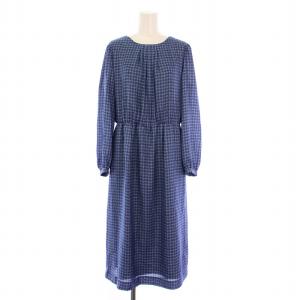 ワンピース ミモレ ロング タック 長袖 クルーネック ウエストゴム チェック柄 8 紺 ネイビー 青