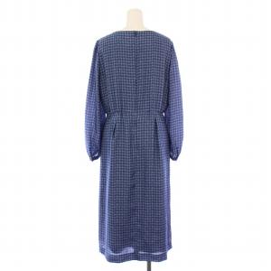 Paul Stuart ワンピース ミモレ ロング タック 長袖 クルーネック ウエストゴム チェック柄 8 紺 ネイビー 青