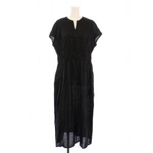 フレアワンピース ギャザー ミモレ ロング ノースリーブ スキッパー ウエストゴム 無地 麻 リネン F