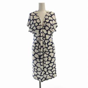 ワンピース ひざ丈 総柄 Vネック 半袖 4 青 ブルー 白 ホワイト /RO