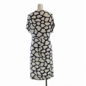 DIANE von FURSTENBERG ワンピース ひざ丈 総柄 Vネック 半袖 4 青 ブルー 白 ホワイト /RO