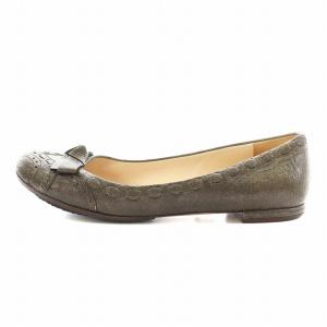 PRADA バレエシューズ リボン ラウンドトゥ レザー 37.5 カーキ /AN13