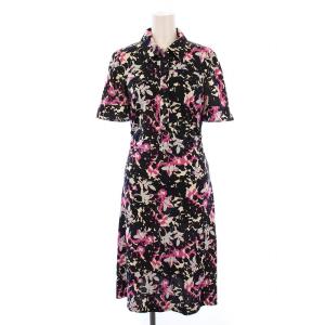 シャツ ワンピース ひざ丈 半袖 花柄 シルク 4 黒 ピンク /BM