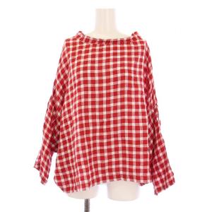 シャツ ブラウス 長袖 ボートネック チェック柄 麻 リネン F 赤 レッド 白 ホワイト /BB