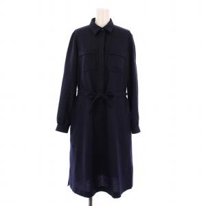 シャツ ワンピース 長袖 ミモレ丈 ウエストリボン ウール 38 紺 /BM