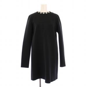 ワンピース ひざ丈 長袖 クルーネック ストレッチ ビジュー 装飾 38 黒 ブラック /BB