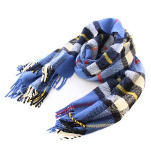 マフラー フリンジ チェック柄 ウール 総柄 青 ブルー マルチカラー /BB