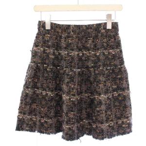 フレアスカート ミニ丈 ツイード ウール混 アルパカ混 裏地ドット柄 38 黒 ブラック 茶 ブラウン