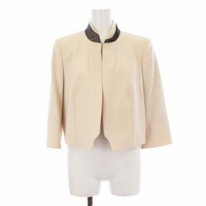 スタンドカラージャケット 七分袖 切替 シアー シルク ウール 42 ベージュ 黒 ブラック 8041065700