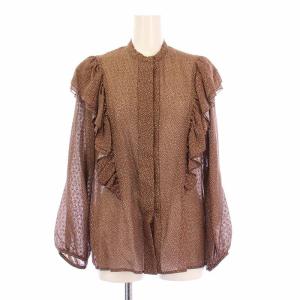 シルクカットジャガードギャザーブラウス シャツ シースルー シアー 長袖 バンドカラー フリル 38 茶