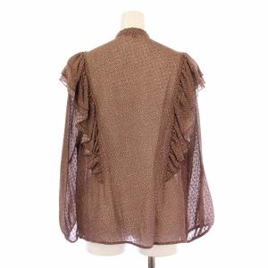 Drawer シルクカットジャガードギャザーブラウス シャツ シースルー シアー 長袖 バンドカラー フリル 38 茶