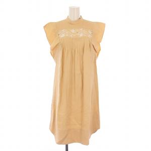 ワンピース ひざ丈 ノースリーブ プリーツ 刺繍 麻 リネン 38 オレンジ /BB