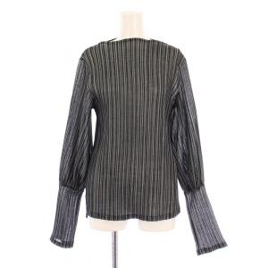 ボリュームスリーブプリーツトップス カットソー 長袖 ボートネック ストレッチ ストライプ柄 F 黒 ブラック