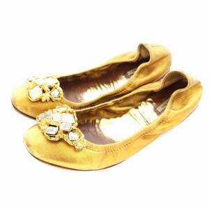 バレエシューズ フラットシューズ ビジュー装飾 レザー 24cm ゴールドカラー /KU