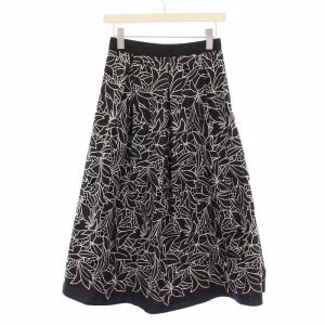 バイカラーエンブロイダリースカート フレア イージー ミモレ ロング ウエストゴム 刺繍 花柄 2 黒