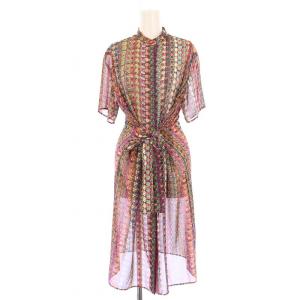 シャツワンピース ミモレ ロング 半袖 バンドカラー シアー シースルー 総柄 40 マルチカラー /BB