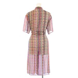 PS Paul Smith シャツワンピース ミモレ ロング 半袖 バンドカラー シアー シースルー 総柄 40 マルチカラー /BB