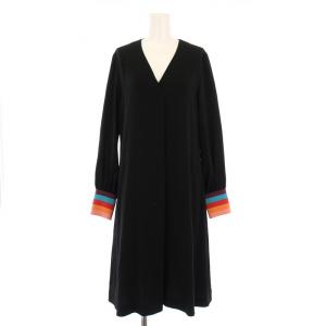 ワンピース ミモレ ロング 長袖 Vネック ストレッチ 袖ボーダー柄 40 黒 ブラック 青 ブルー /BB