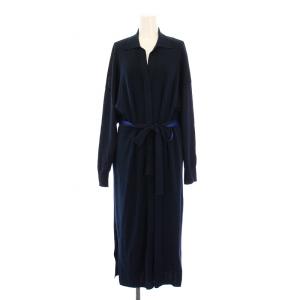 ニットワンピース ミモレ ロング 長袖 スキッパー 前開き ストレッチ ベルト M 紺 ネイビー 青 ブルー