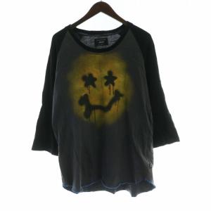 Tシャツ カットソー クルーネック プリント 七分袖 2 グレー 黒 ブラック GB0119 /RO